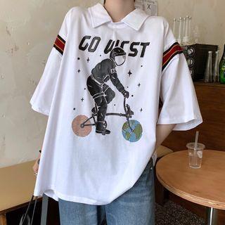 Short-sleeve Collared Astronaut Print T-shirt