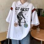 Short-sleeve Collared Astronaut Print T-shirt