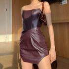 Sleeveless Faux Leather Irregular Hem Mini Dress