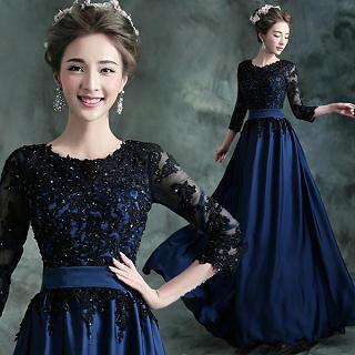3/4-sleeve Sequined Evening Dress