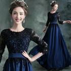 3/4-sleeve Sequined Evening Dress