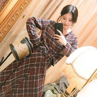 Tweed Long-sleeve Top / Midi A-line Skirt