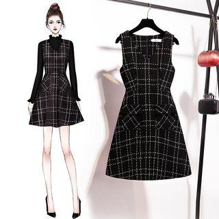Set: Sleeveless A-line Mini Tweed Dress + Lettuce Edge Knit Top