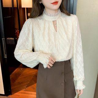 Puff-sleeve Mock Neck Cutout Lace Blouse
