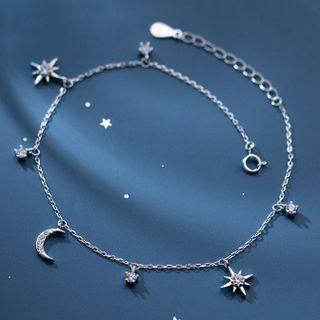 Moon & Star Rhinestone Sterling Silver Anklet S925 Silver - Anklet - Silver - One Size