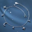 Moon & Star Rhinestone Sterling Silver Anklet S925 Silver - Anklet - Silver - One Size