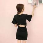 Plain Cut Out Back Short-sleeve Dress Black - One Size