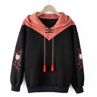 Long-sleeve Printed Color-block Hoodie Black - One Size