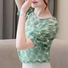 Short-sleeve Imitation Pearls Chiffon Blouse