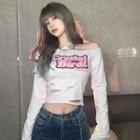 Long-sleeve Lettering Distressed Cold-shoulder Cropped T-shirt