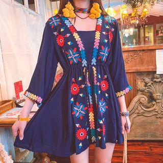 3/4-sleeve Embroidered Linen Blend A-line Mini Dress