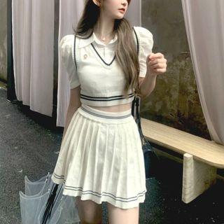 Set: Short-sleeve Blouse + Sweater Vest + Pleated Skirt