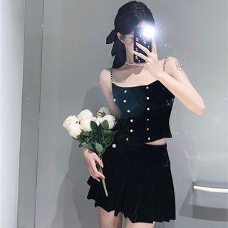 Chain Strap Velvet Slim-fit Camisole Top / High-waist Velvet Mini Skirt