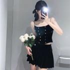 Chain Strap Velvet Slim-fit Camisole Top / High-waist Velvet Mini Skirt