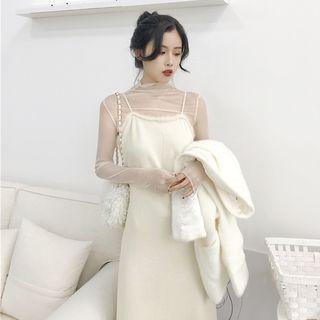 Lace See-through Mesh Long-sleeve Top / Plain Furry Knit Slipdress
