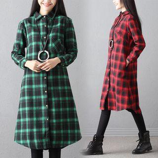 Long-sleeve Plaid A-line Shirtdress