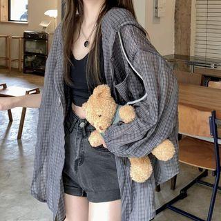 Hooded Plaid Light Jacket Plaid - Gray - One Size