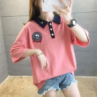 Contrast Collar Skull Embroidered Elbow-sleeve Polo Shirt