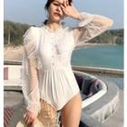 Long-sleeve Polka Dot Mesh Paneled Swimsuit