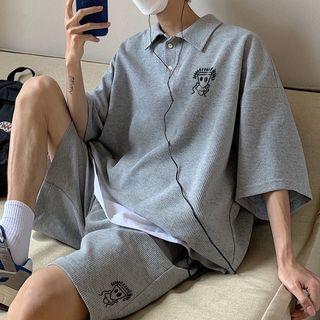 Set: Elbow-sleeve Cartoon Print Polo Shirt + Sweatshorts