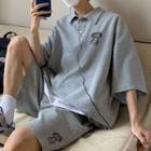 Set: Elbow-sleeve Cartoon Print Polo Shirt + Sweatshorts
