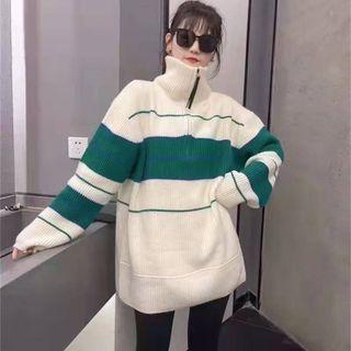 Turtleneck Striped Half-zip Sweater