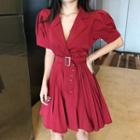 Belted Puff-sleeve Pleated A-line Dress