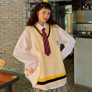 Cat Embroidery Contrast-color Knit Vest