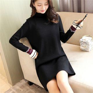 Mock-neck Patterned Panel Long Sweater