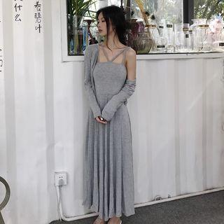 Set: Spaghetti Strap Maxi Dress + Plain Cardigan