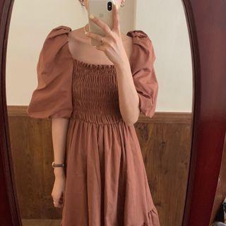 Puff-sleeve Shirred Square Neck Plain Dress