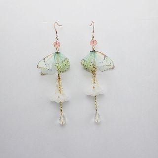 Butterfly Alloy Dangle Earring Pink & Green & White - One Size