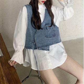 Tie-waist Denim Vest / Long-sleeve Plain Shirt