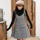 Mock-turtleneck Knit Top / Plaid A-line Mini Pinafore Dress / Set