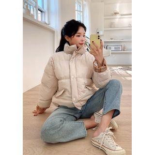 High-neck Plaid-trim Puffer Jacket Ivory - One Size