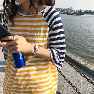 Elbow-sleeve Color Block Striped T-shirt