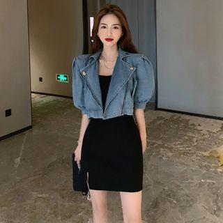 Elbow-sleeve Cropped Denim Jacket / Spaghetti Strap Mini Shift Dress