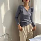 V-neck Long-sleeve Drawstring Knit Top