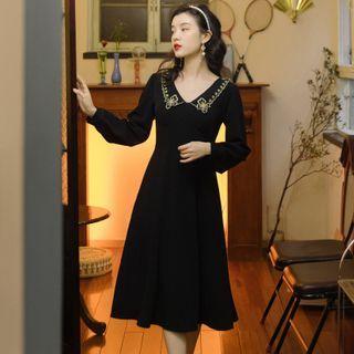 Puff-sleeve Butterfly Embroidered A-line Dress