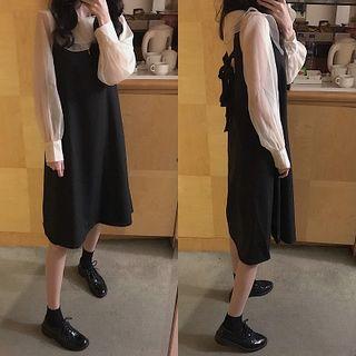 Long-sleeve Wide Collar Chiffon Shirt / Sleeveless Ribbon Back A-line Midi Dress