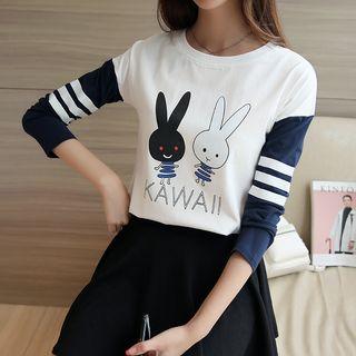 Rabbit Printed Colour Block Long-sleeve T-shirt