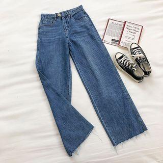 Plain Frayed High-waist Wide-leg Jeans