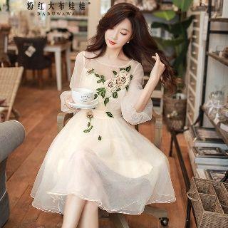 3/4-sleeve Flower Accent Midi Dress