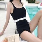 Ruffle Trim Bikini + Striped Swim Shorts Black - One Size