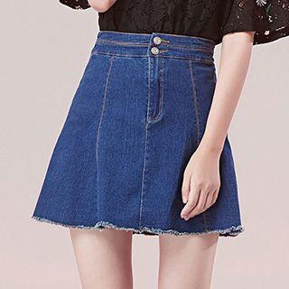 Fray Hem A-line Mini Denim Skirt
