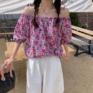 Off-shoulder Floral Blouse Green & Pink - One Size