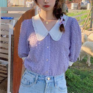 Puff-sleeve Textured Contrast Collar Shirt