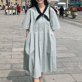 Tie-neck Short-sleeve Pleated A-line Dress