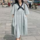 Tie-neck Short-sleeve Pleated A-line Dress