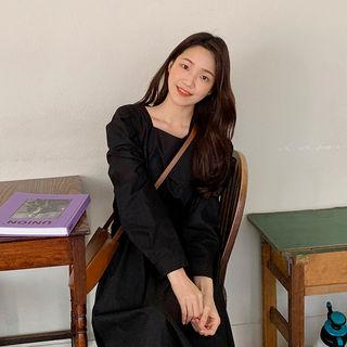 Square-neck Gathered Long Dress